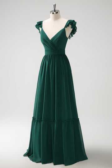 Vestido largo de dama de honor de gasa con cuello en V de línea verde oscuro